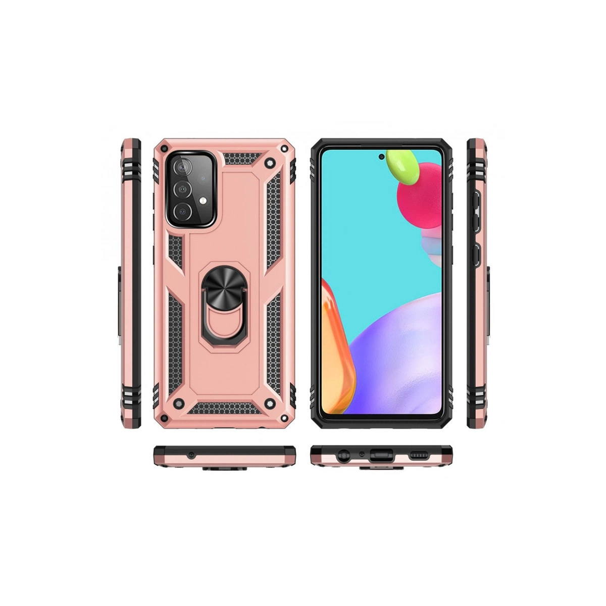 Halka tutuculu pembe telefon kılıfı, ön ve arka görünümler.