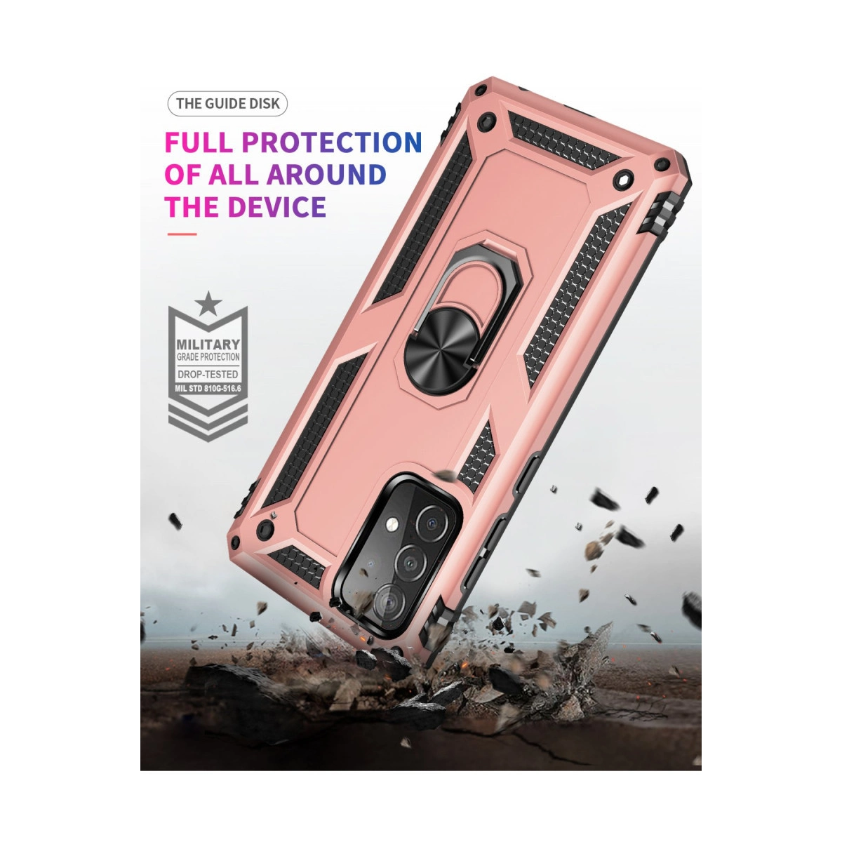 Halka tutuculu pembe altın telefon kılıfı kayaların üzerine düşüyor.