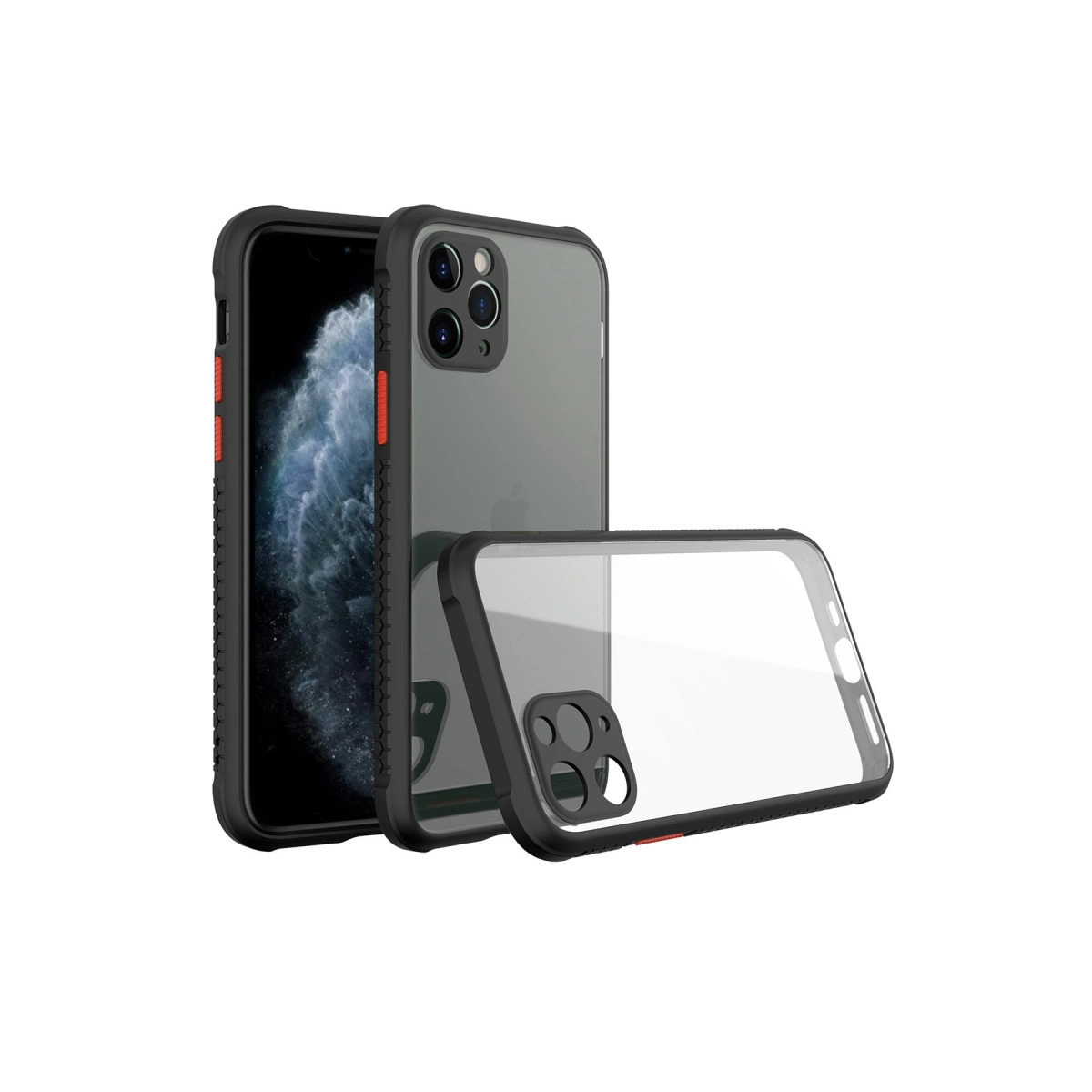 Üç kameralı siyah iPhone ve yanında şeffaf kılıf.