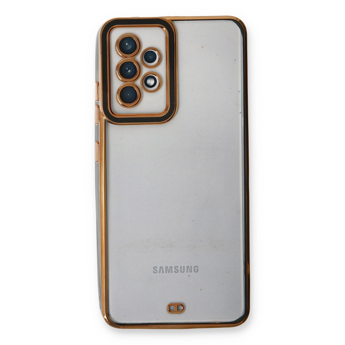 Altın çerçeveli ve kamera modüllü şeffaf Samsung telefon kılıfı.