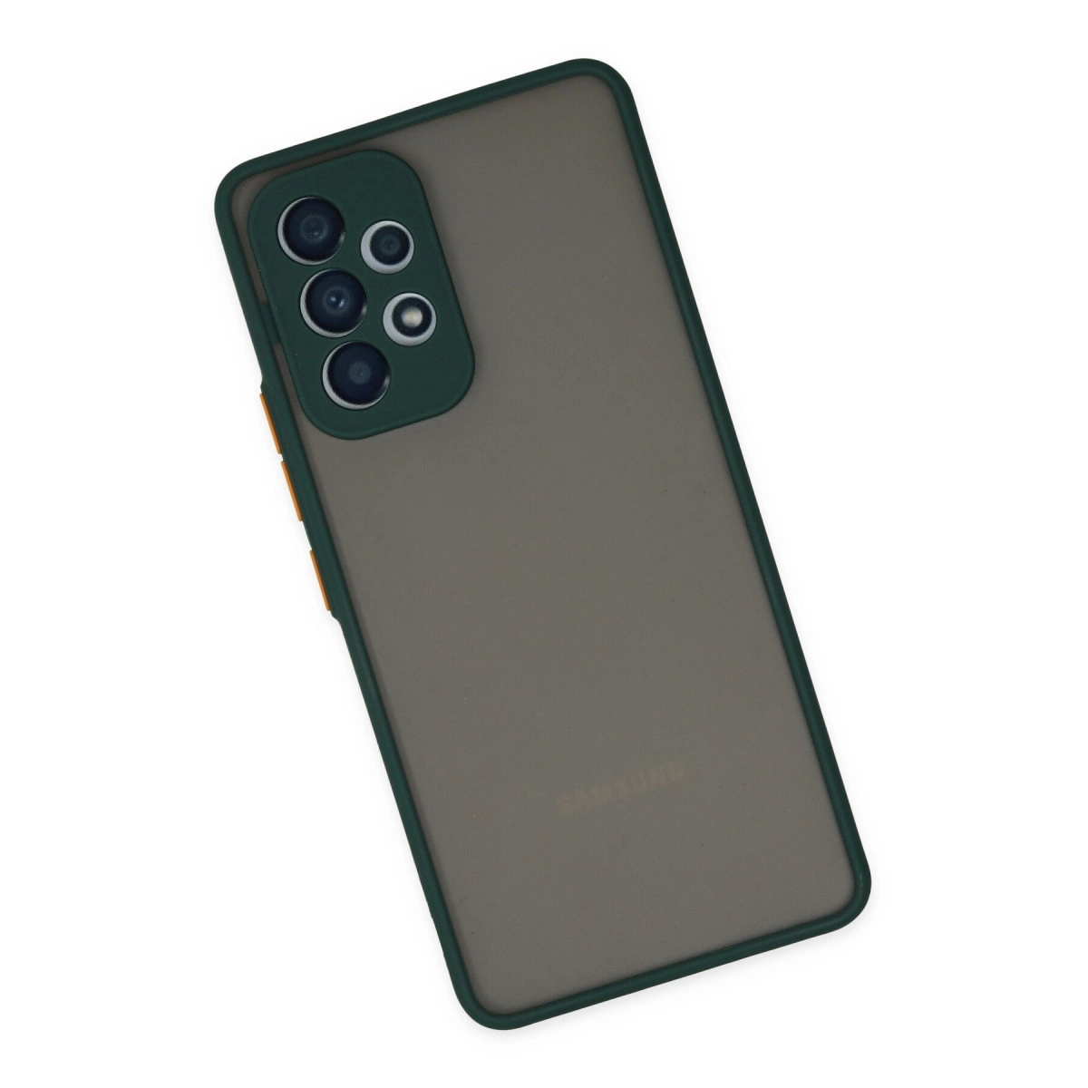 Dörtlü kameraya ve koyu yeşil çerçeveye sahip koyu gri telefon.