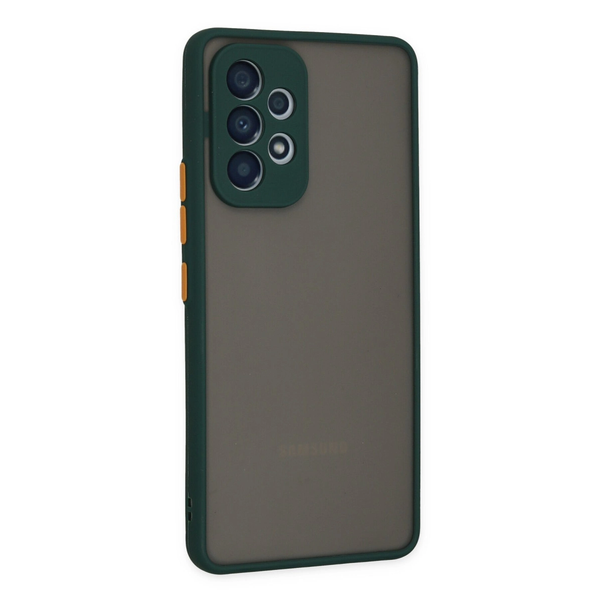 Mat gri arka ve üç kamera lensli koyu yeşil telefon kılıfı.