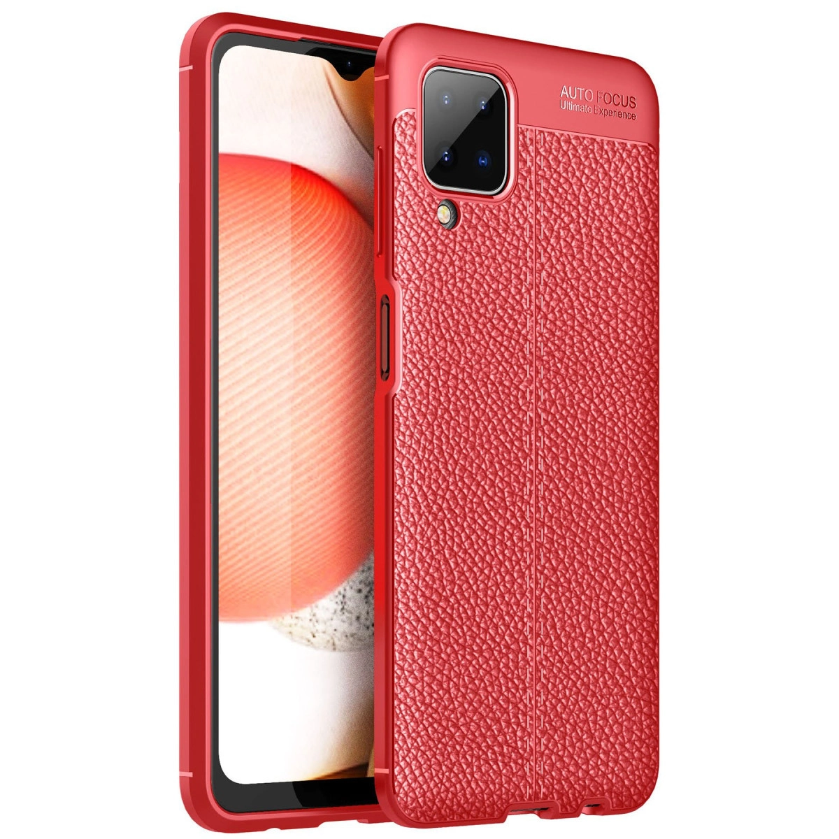 Kamera modüllü kırmızı dokulu telefon kılıfı, beyaz arka plan.
