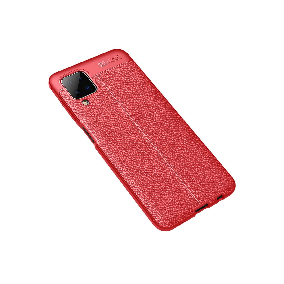 Deri dokulu kırmızı telefon kılıfı ve kamera modülü.
