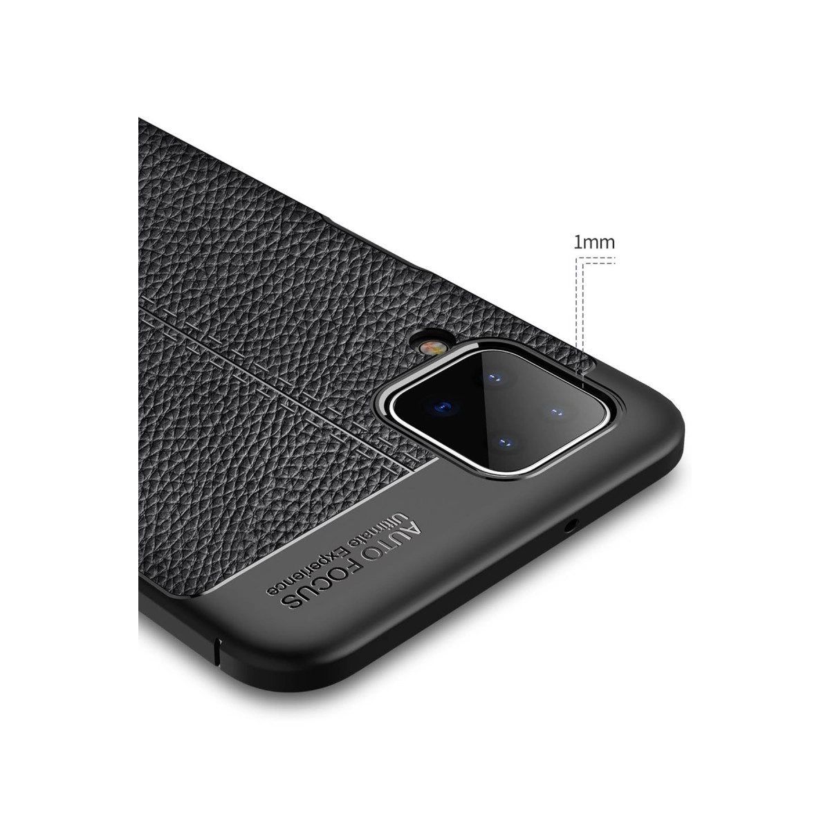 Siyah dokulu telefon kılıfı, kamera lensi ve 1mm yükseklik göstergesi.