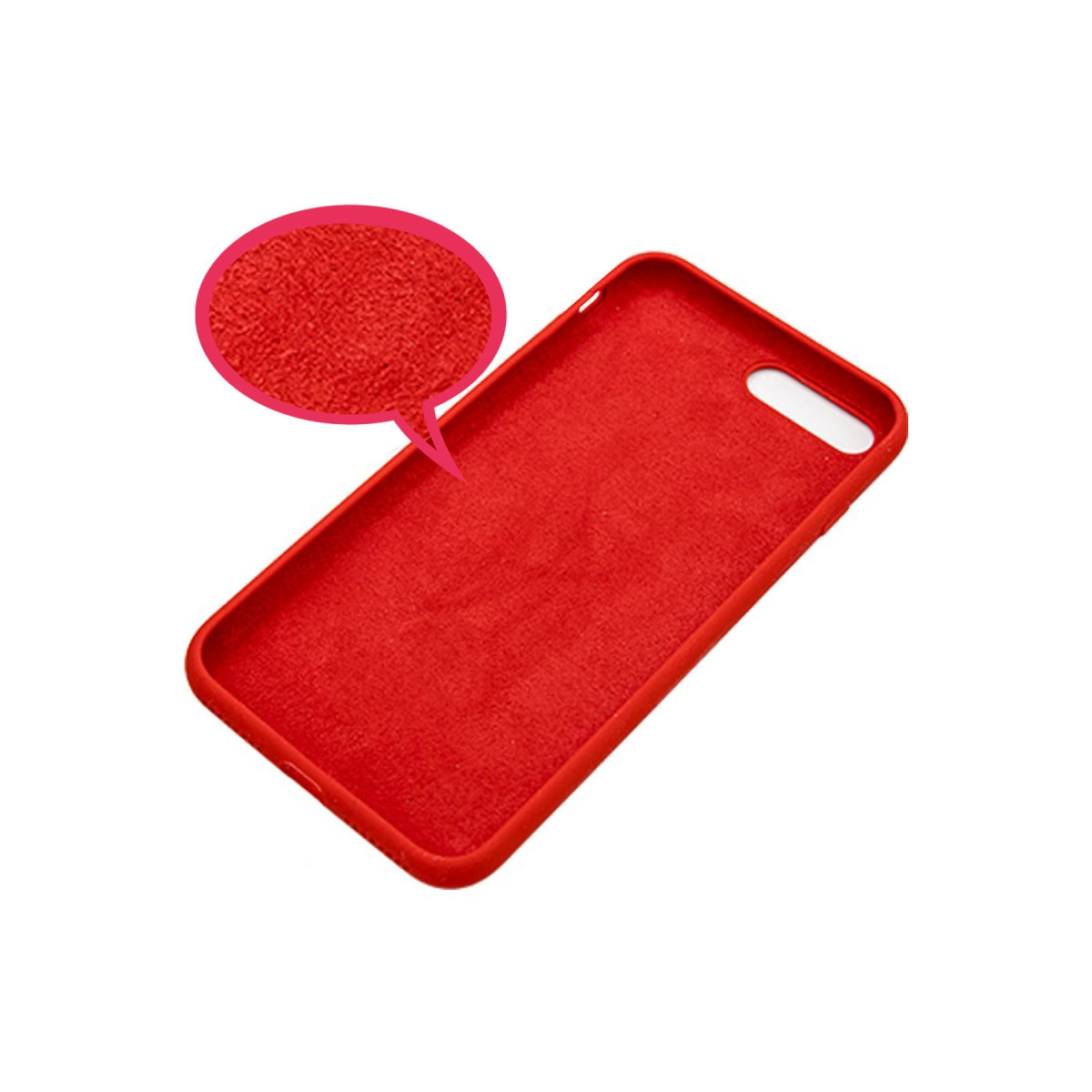 Kırmızı kadife telefon kılıfı, kesik detaylı ve doku yakın çekim.