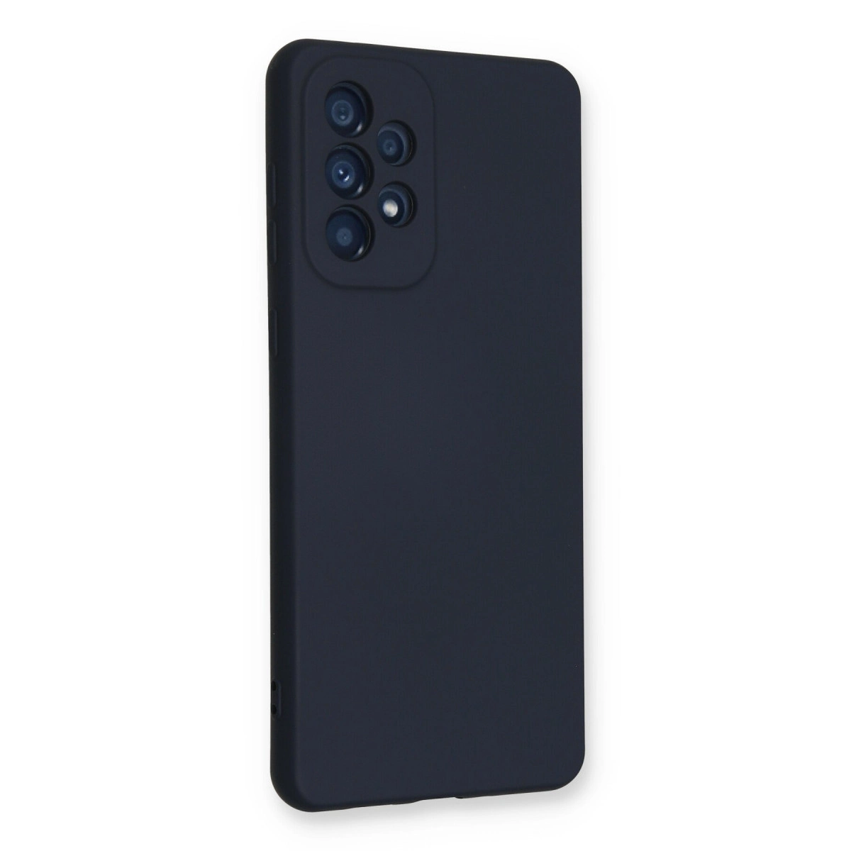 Arkada dört kamerası olan koyu mavi telefon, beyaz arka plan üzerinde.