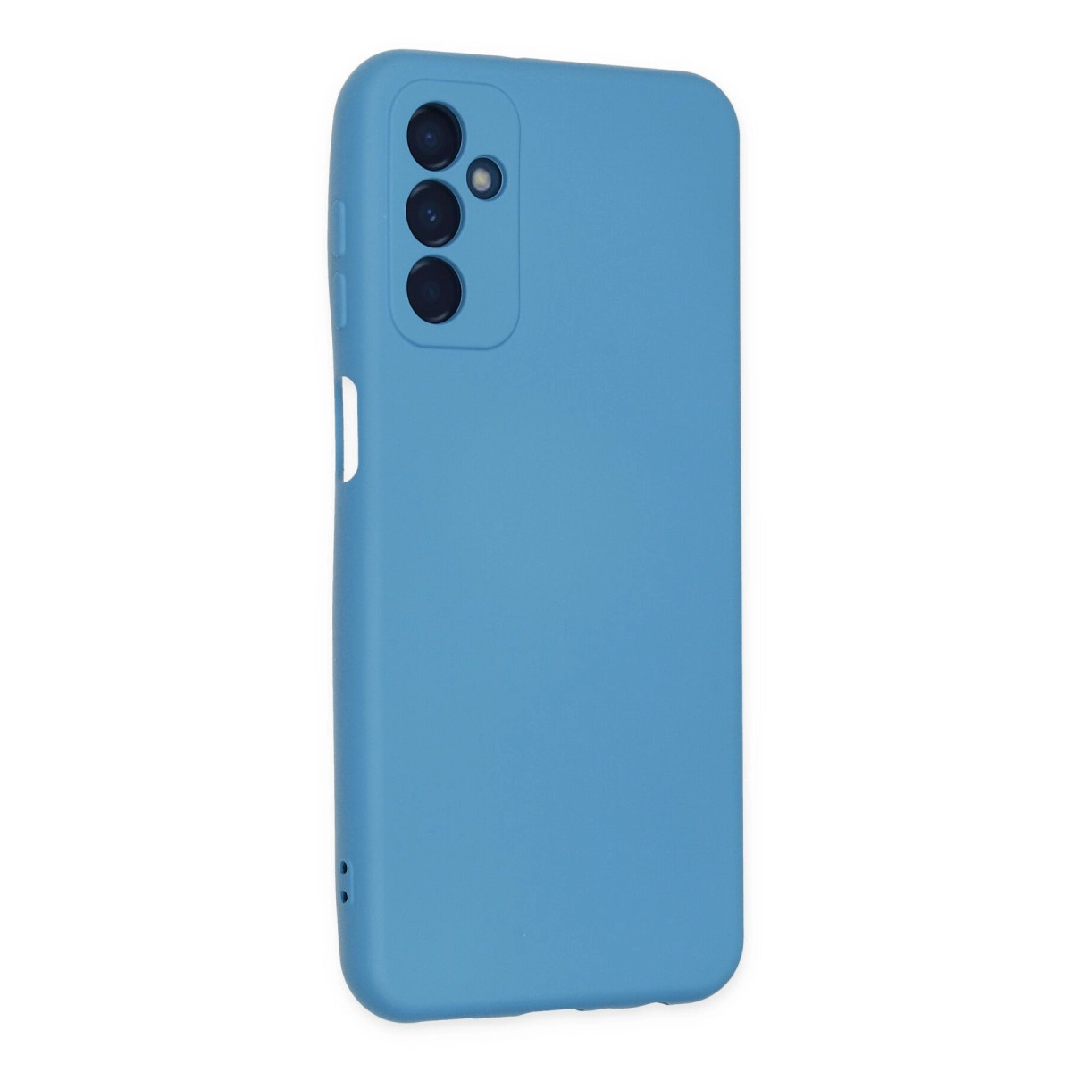 Üç kamera lensi ve flaşa sahip mavi telefon kılıfı.
