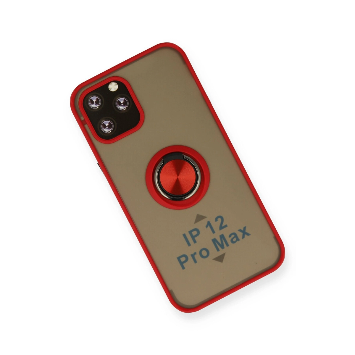Kırmızı kenarlı kahverengi telefon kılıfı, halka tutucu ve "IP 12 Pro Max" yazısı.