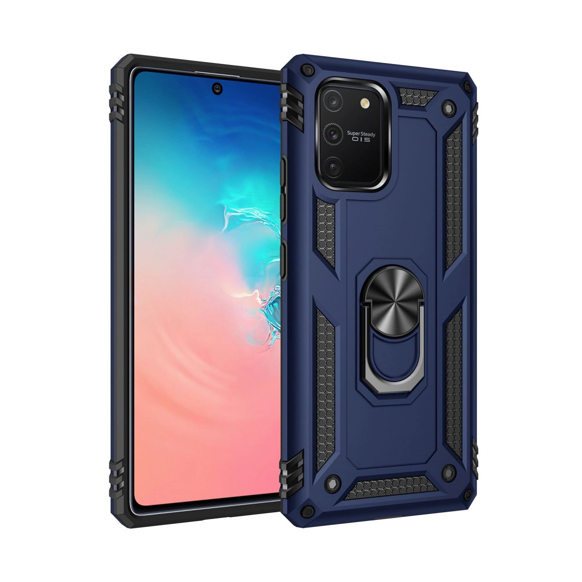 Koyu mavi cep telefonu koruyucu kılıf ve halka tutucu ile.