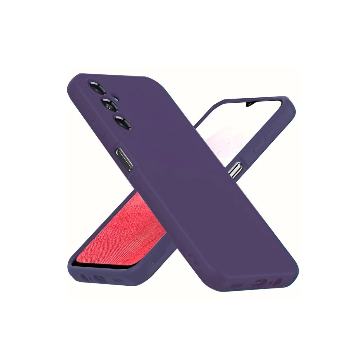 Mor bir telefon kılıfı, kırmızı iç kısma sahip başka bir kılıfın üzerinde çapraz duruyor.