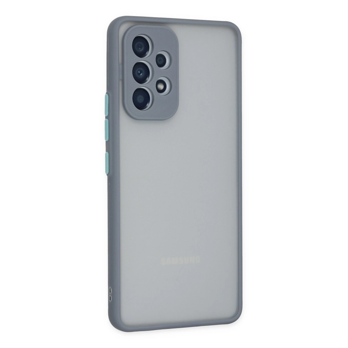 Dört kameralı, mavi düğmeli gri telefon kılıfı.