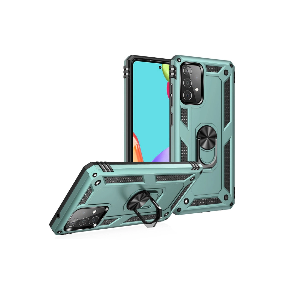 Halkalı iki turkuaz telefon kılıfı. Biri dik duruyor, diğeri düz yatıyor.