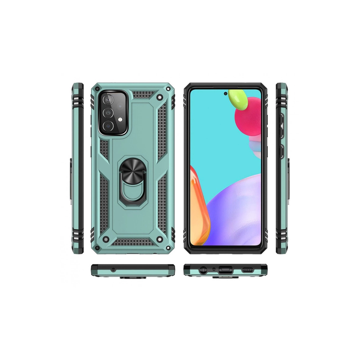 Halka tutuculu turkuaz telefon kılıfı, ön ve arka görünümler.