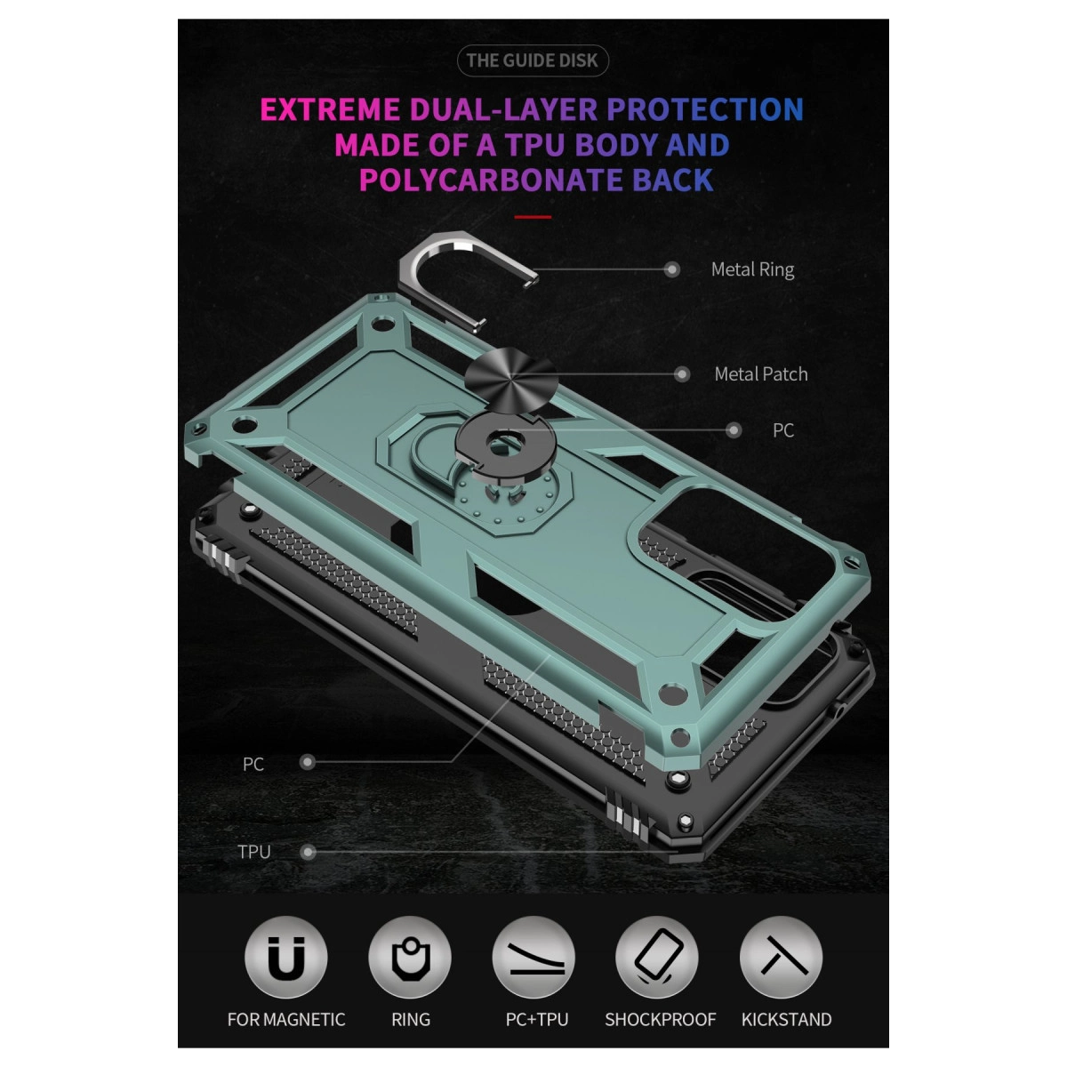 Metal halkalı ve PC/TPU katmanlı, yeşilimsi mavi telefon kılıfı detayı.