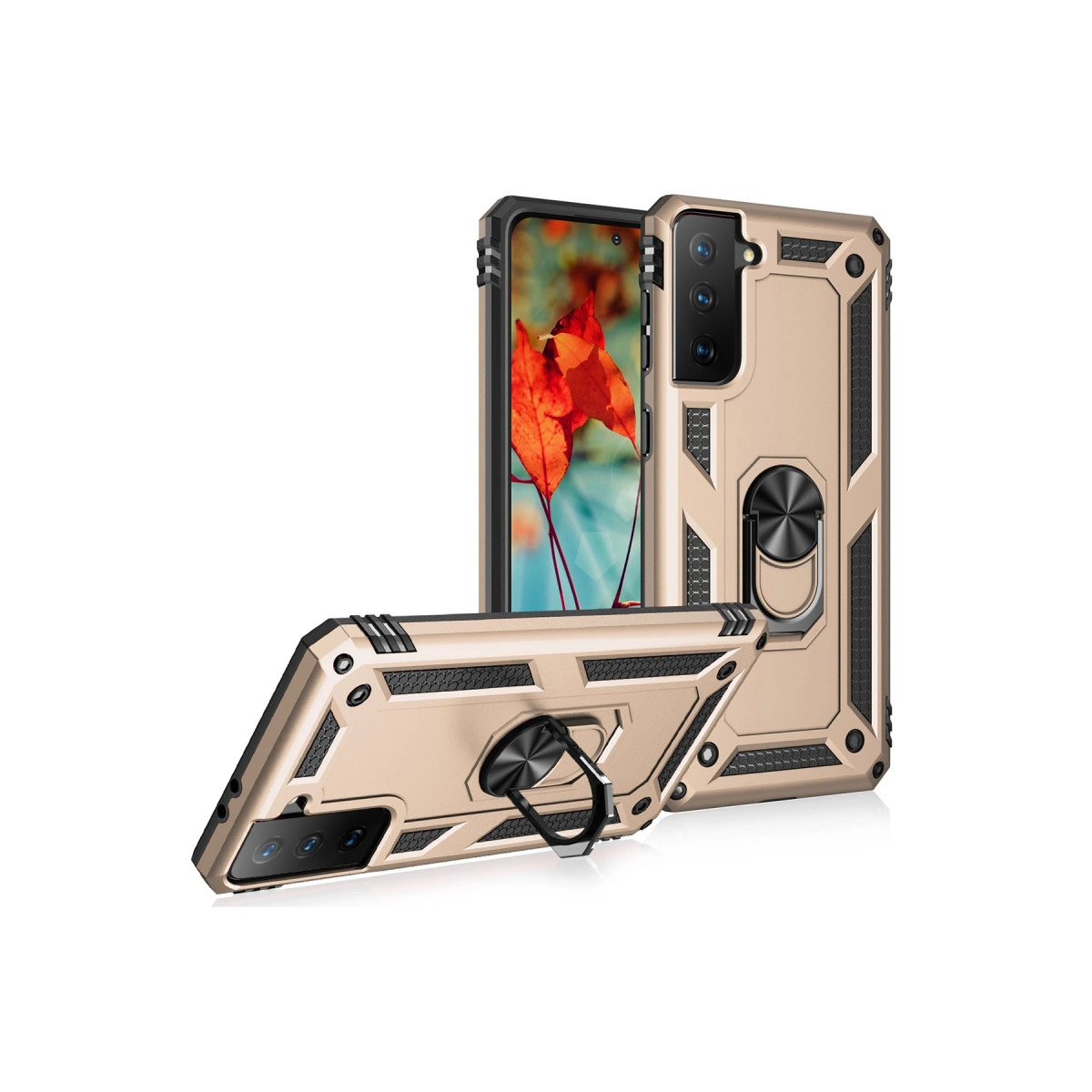 Beyaz arka plan üzerinde halka tutuculu iki altın telefon kılıfı.