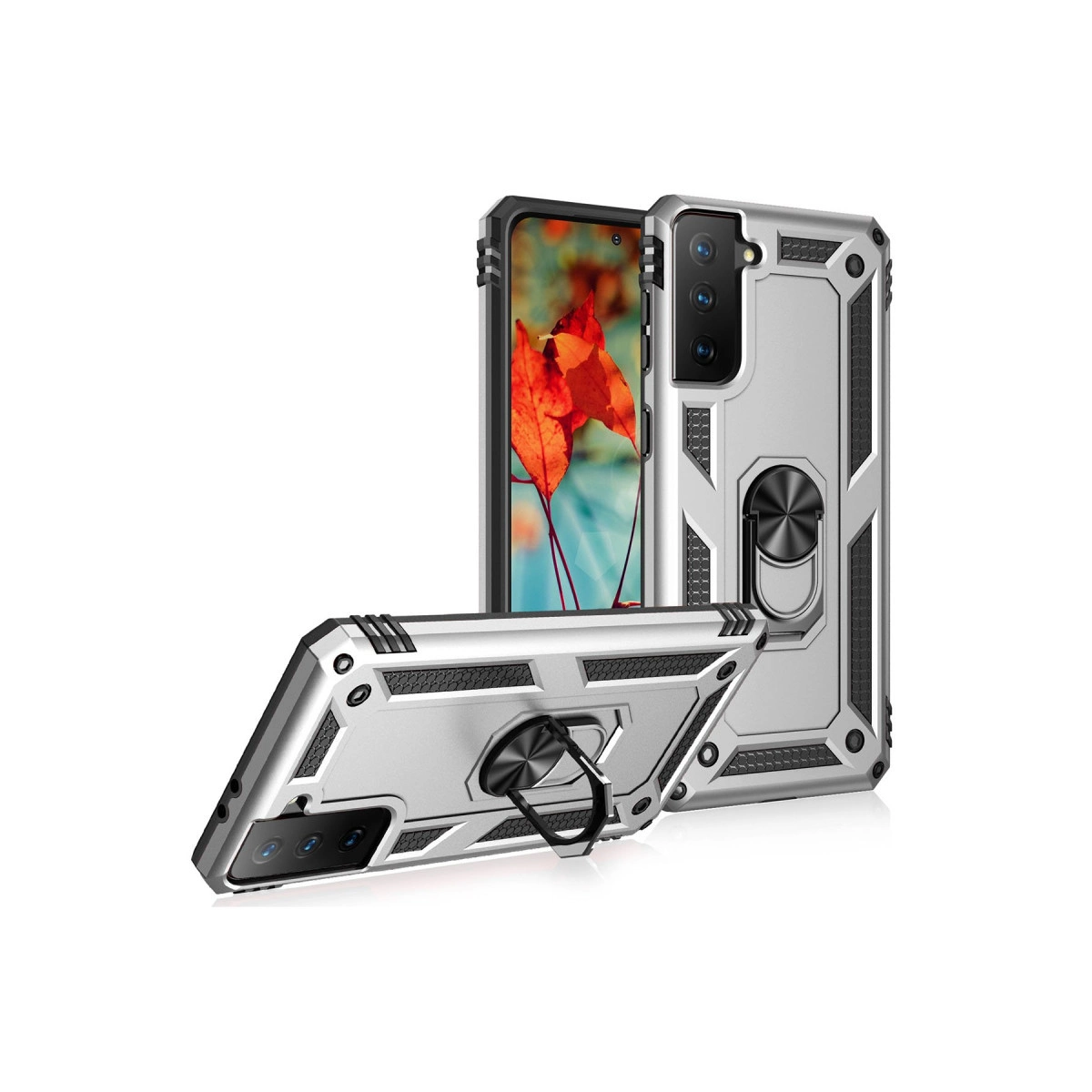 Halka tutuculu ve düşmeye dayanıklı tasarımlı gümüş telefon kılıfı.