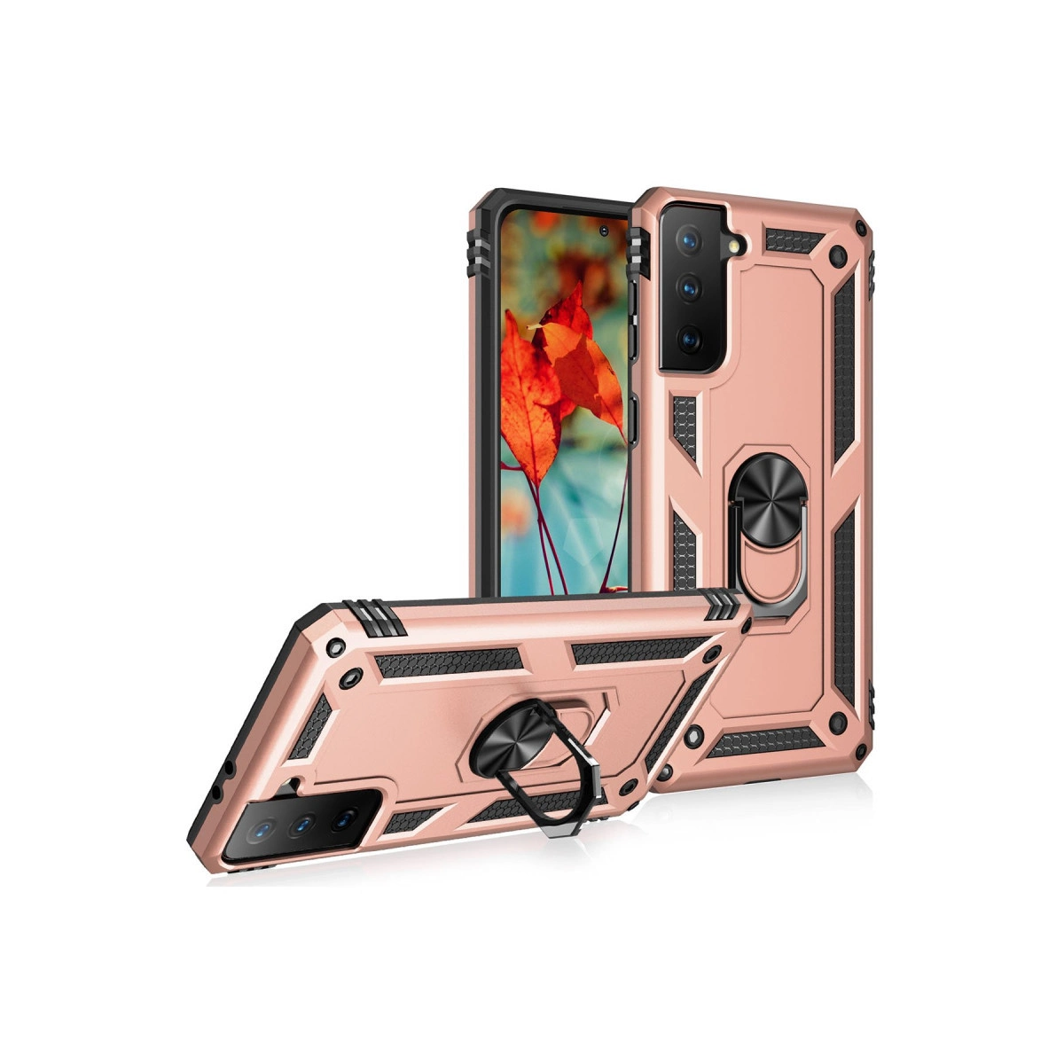Halka tutuculu iki rose gold telefon kılıfı, biri dik, biri yan yatırılmış.