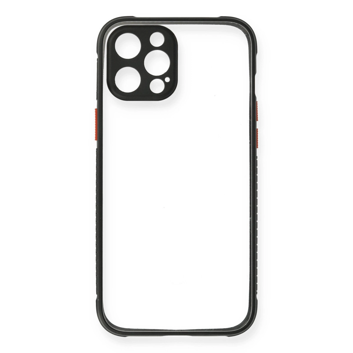 Şeffaf telefon kılıfı, siyah çerçeveli ve kamera kesimli.