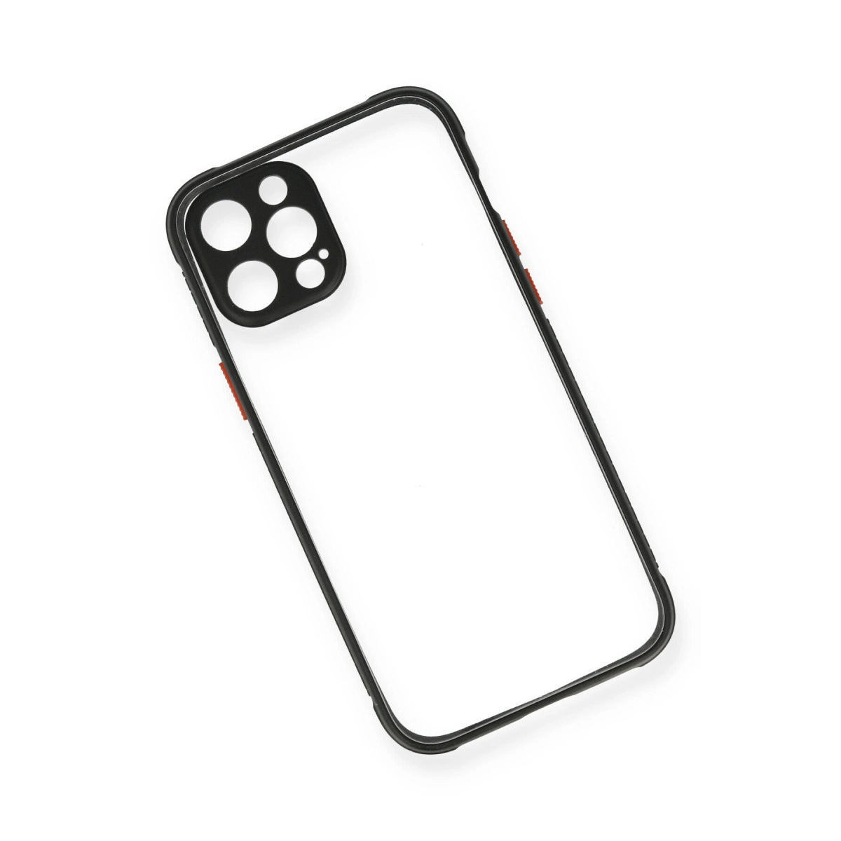 Siyah çerçeveli ve kamera kesimli şeffaf telefon kılıfı.