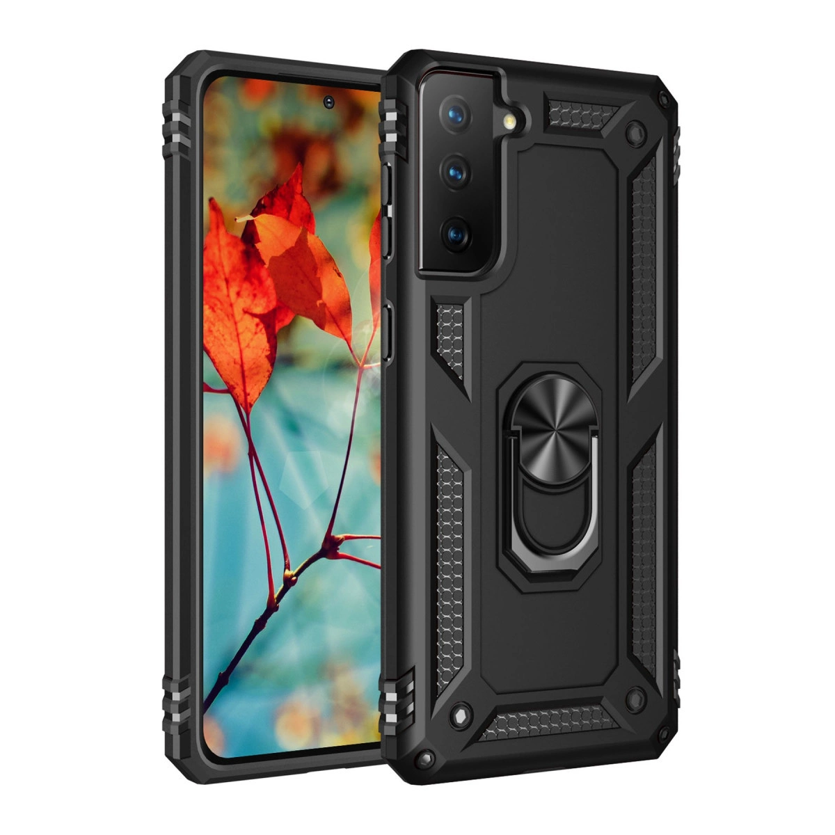 Yüzük tutuculu siyah telefon kılıfı ve yaprak duvar kağıdı.