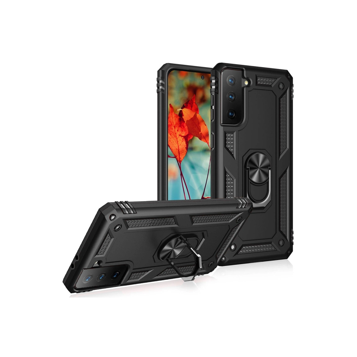 Halkalı iki siyah sağlam telefon kılıfı. Biri dik duruyor, diğeri düz yatıyor.