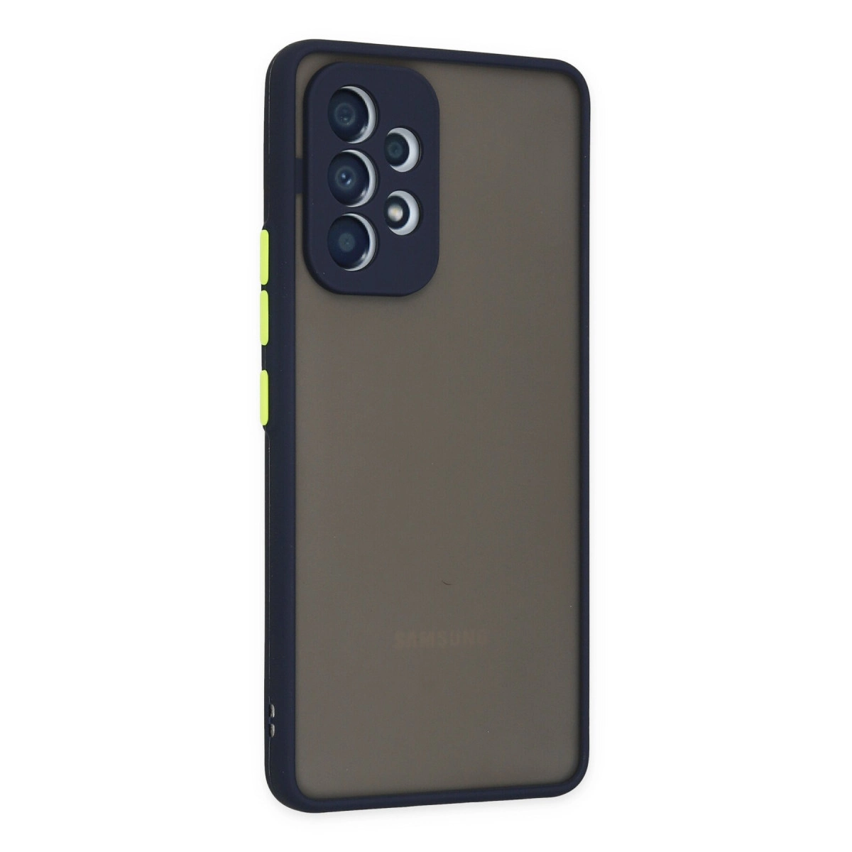 Mavi kenarlı, dört lensli koyu gri telefon kılıfı.