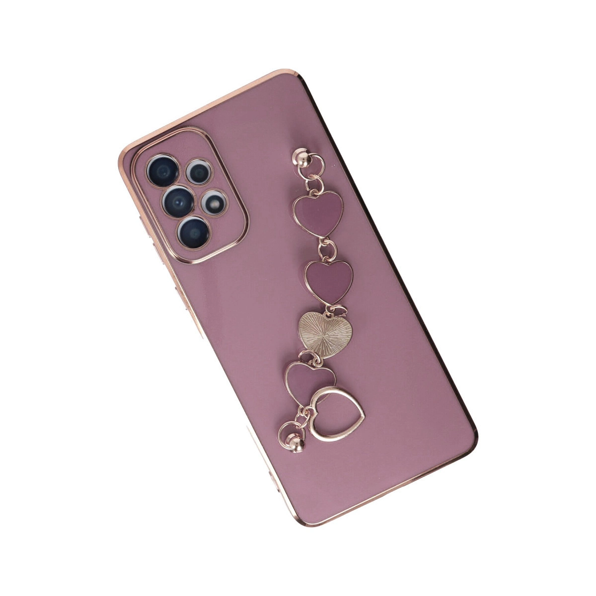 Kalp takı ve halkalı mor telefon kılıfı.