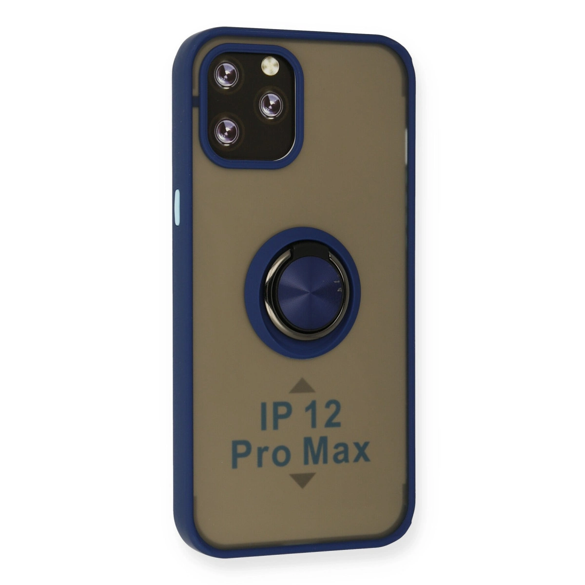Mavi kenarlı ve halka tutuculu kahverengi iPhone 12 Pro Max kılıfı.