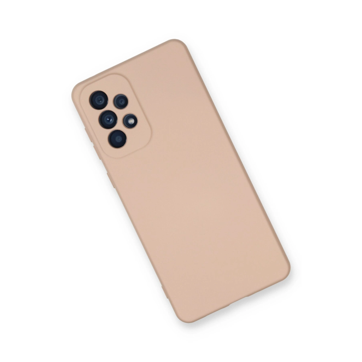 Dört lensli kamera modülüne sahip bej telefon kılıfı.