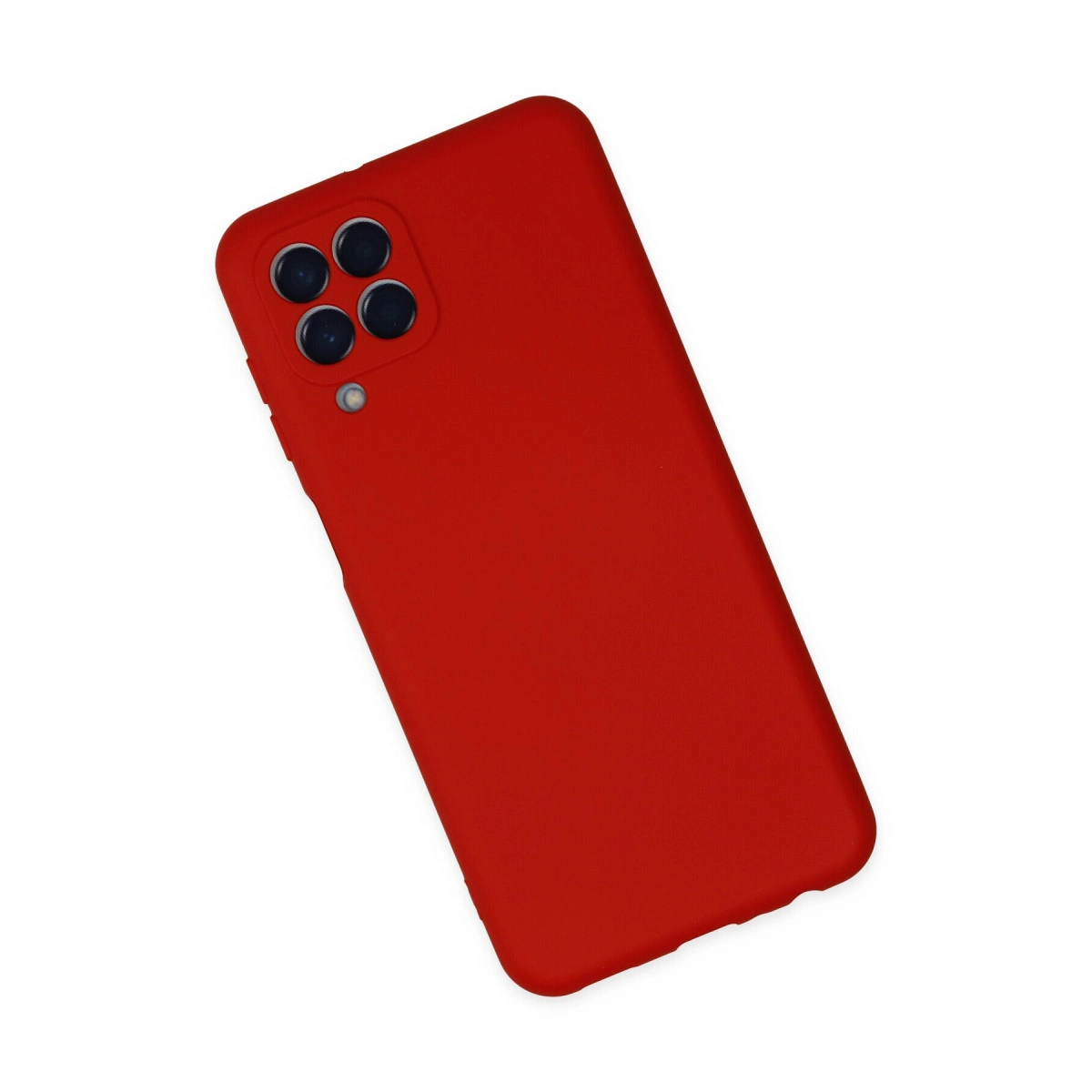 Arkada dört kamera lensi ve flaşı olan kırmızı telefon kılıfı.
