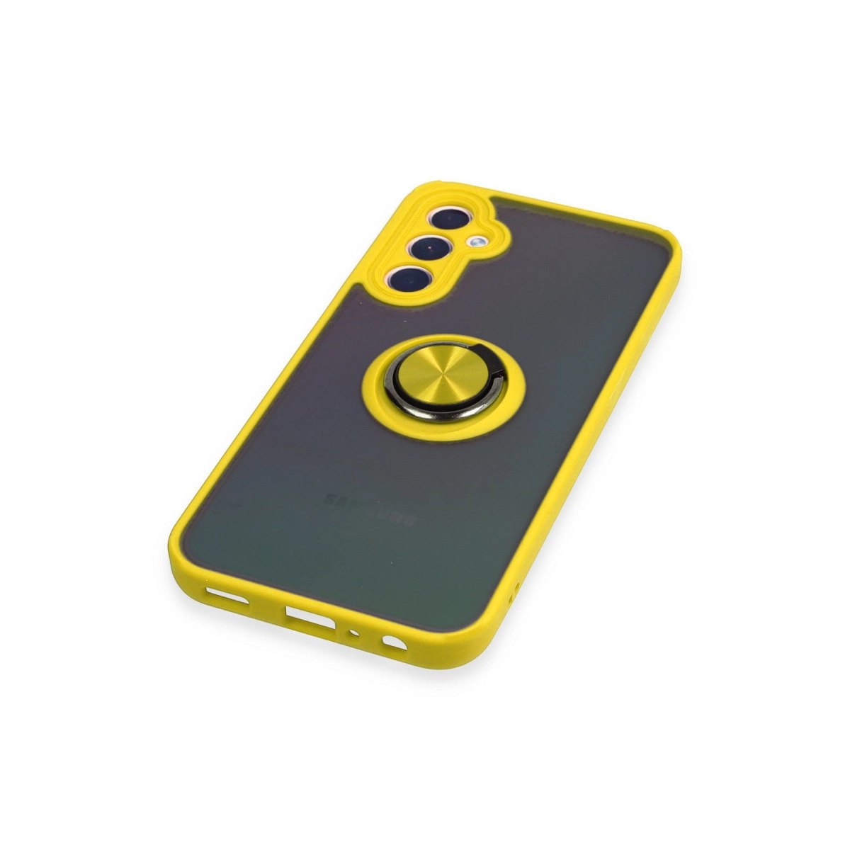 Halka tutuculu ve üç kamera lensli sarı telefon kılıfı.