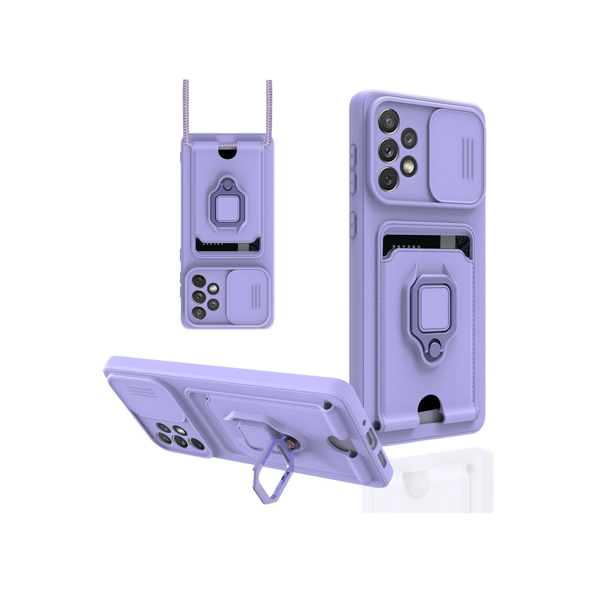 Kamera kapaklı, kart yuvalı ve halka tutuculu lavanta rengi telefon kılıfı.
