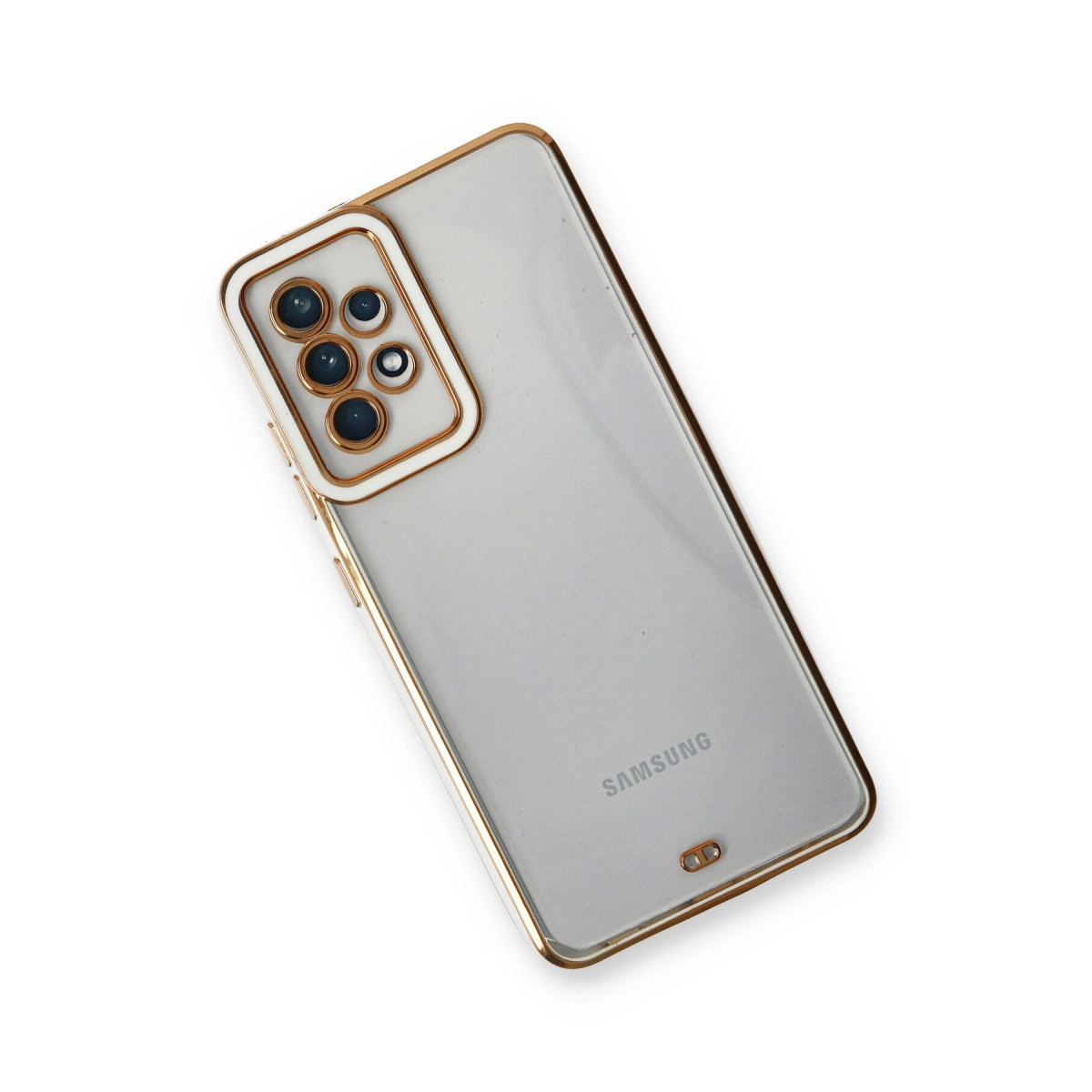 Altın çerçeveli ve kamera modüllü şeffaf telefon kılıfı.