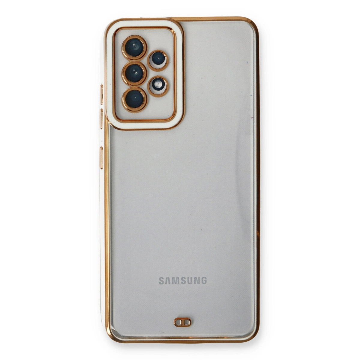 Dört kameralı düzeneği gösteren, altın çerçeveli şeffaf telefon kılıfı.