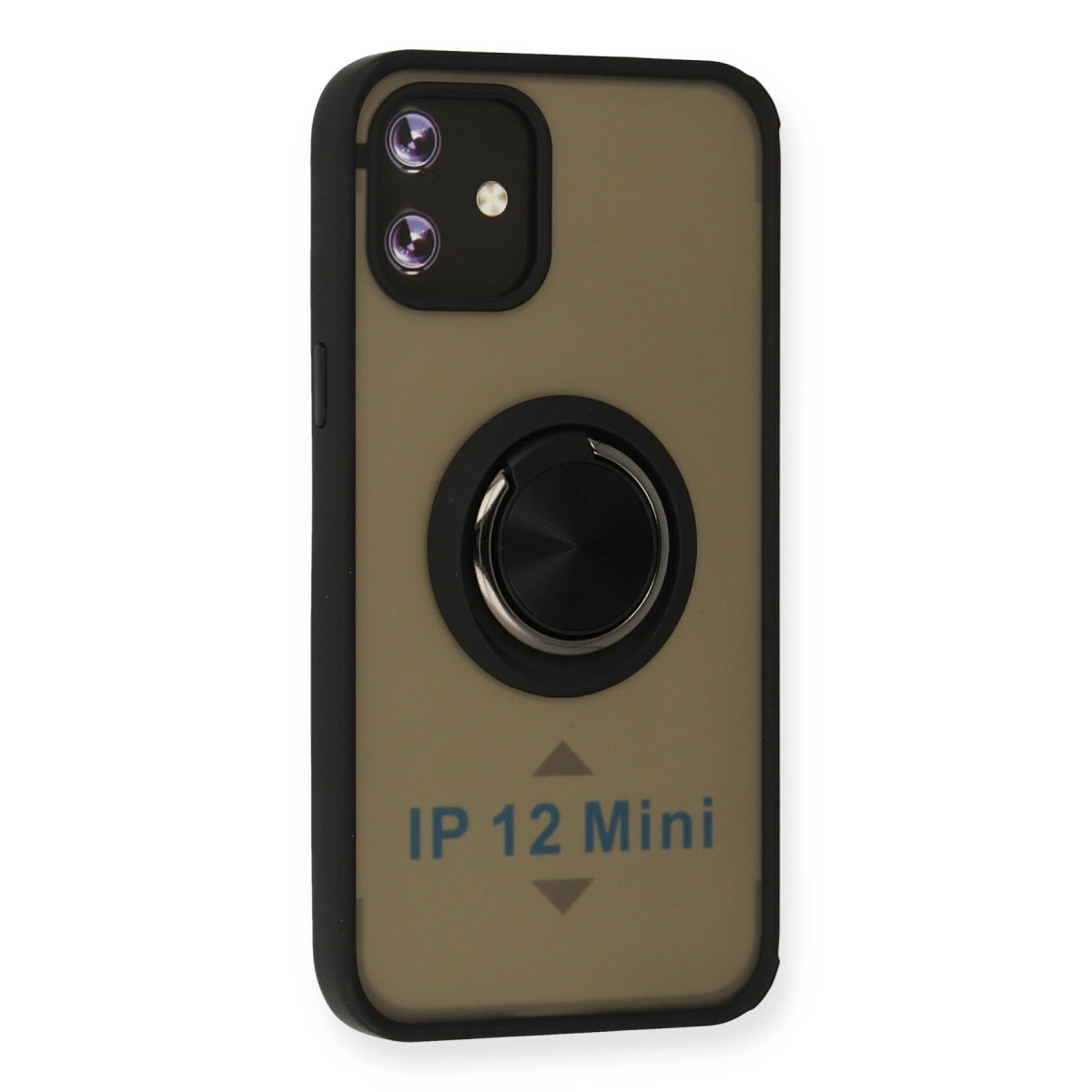 Halka tutuculu ve kamera korumalı kahverengi iPhone 12 Mini kılıfı.