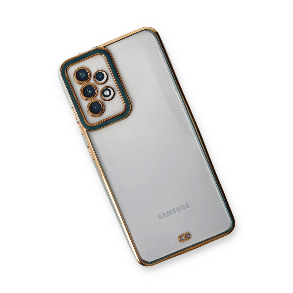 Altın kenarlı ve beş kameralı şeffaf telefon kılıfı.