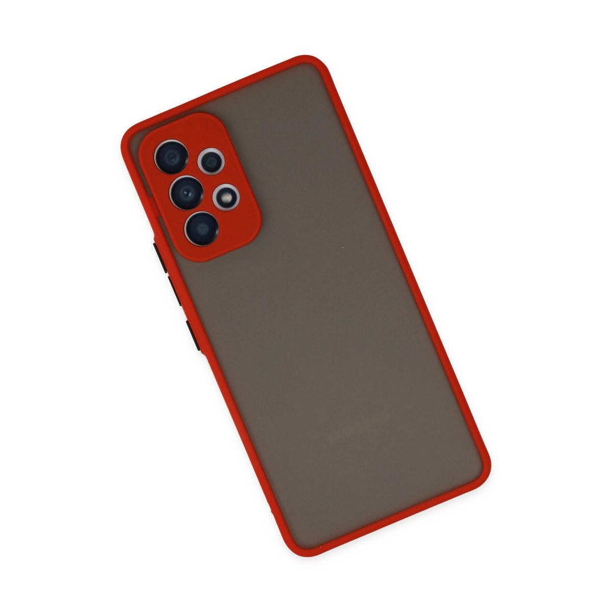 Kırmızı çerçeveli ve kamera bloklu gri telefon kılıfı.