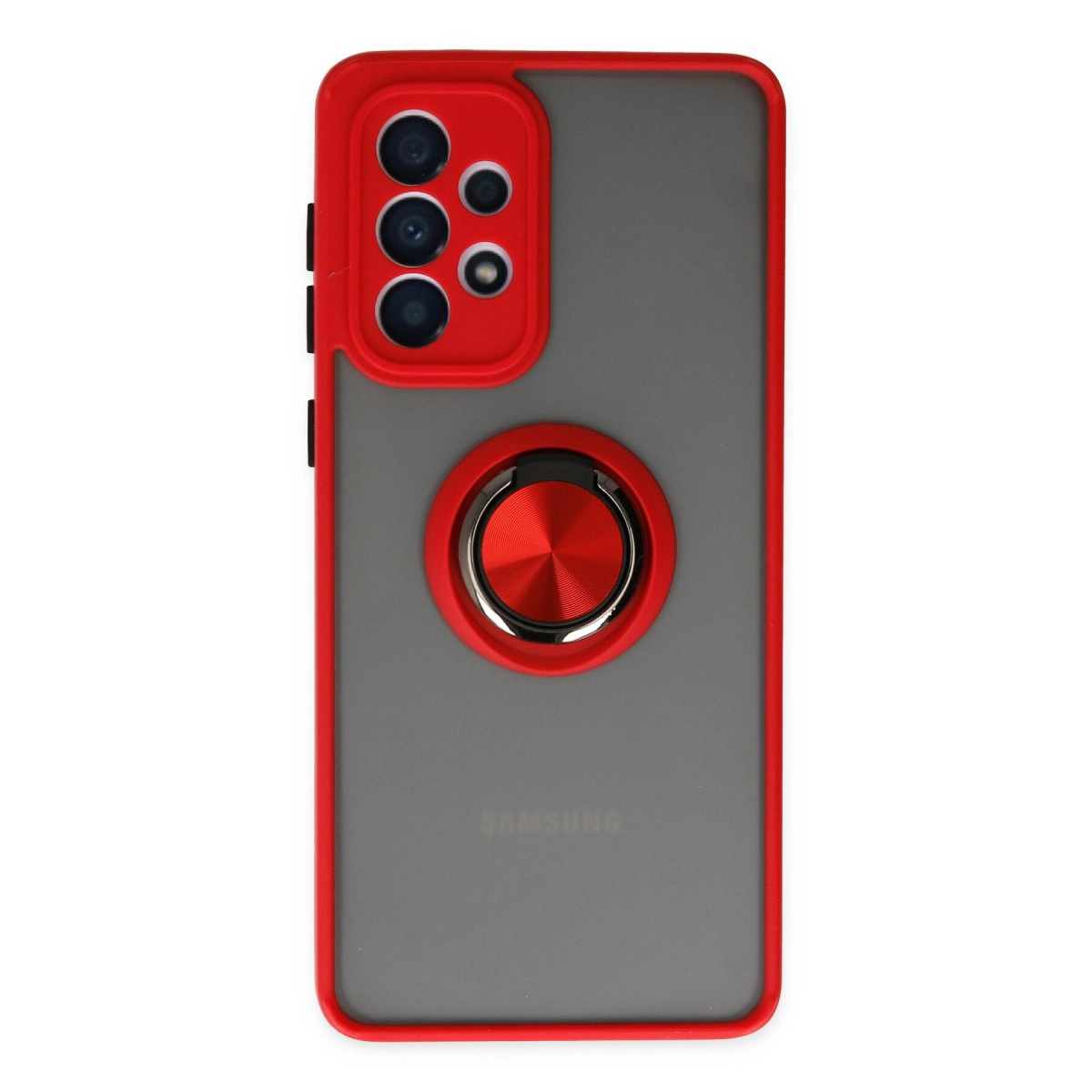 Dört kameralı kırmızı telefon kılıfı ve gri telefon üzerinde halka tutucu.
