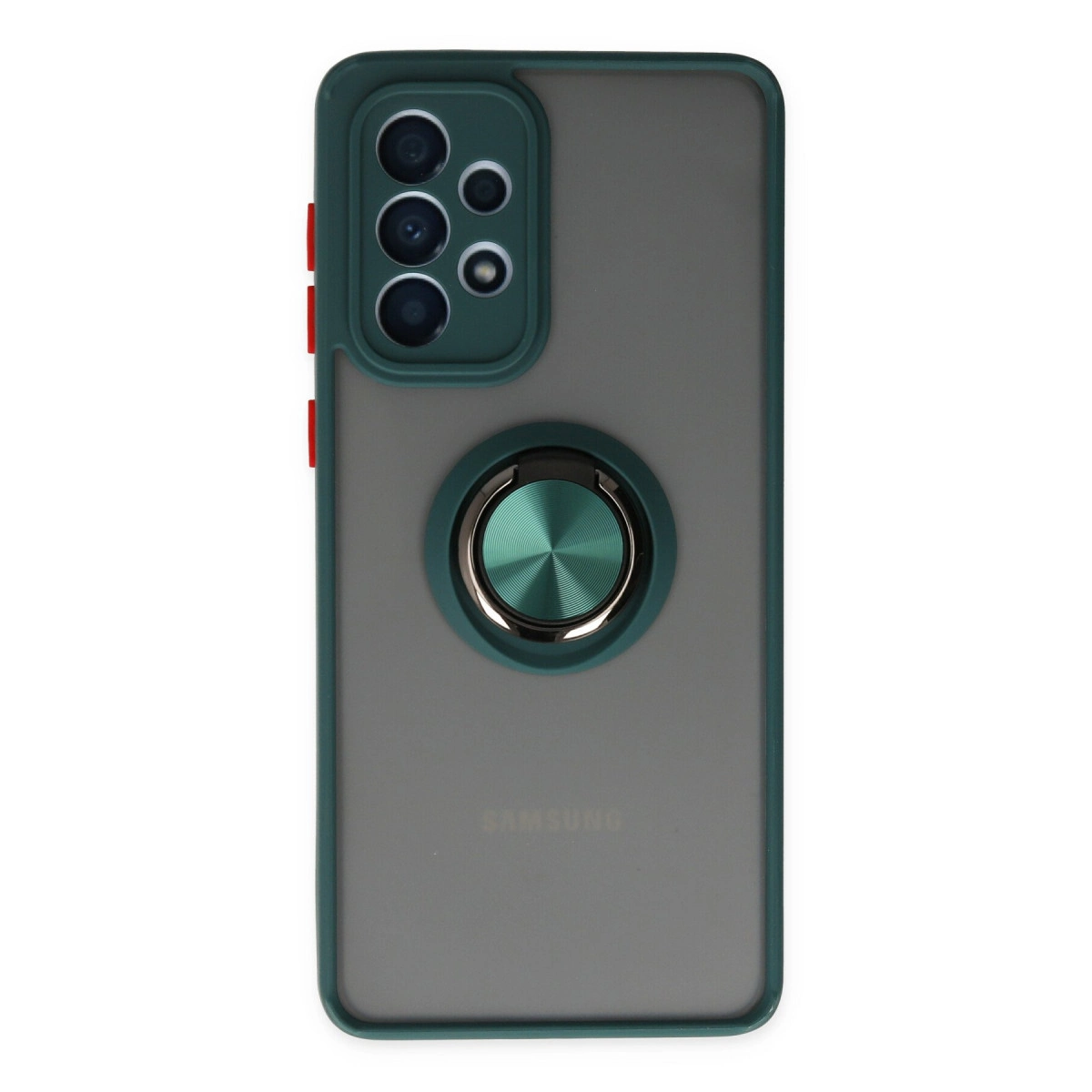 Halka tutuculu ve dört kameralı koyu yeşil telefon kılıfı.