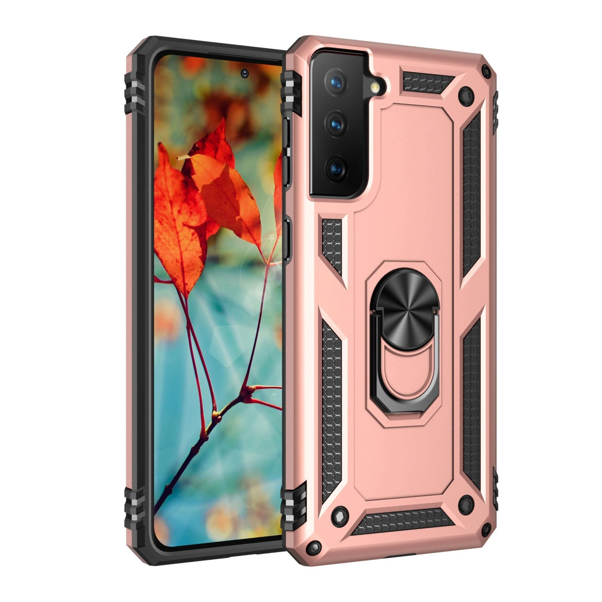 Halka tutuculu koruyucu kılıflı, rose gold rengi telefon. Ekranda kırmızı yapraklar görünüyor.