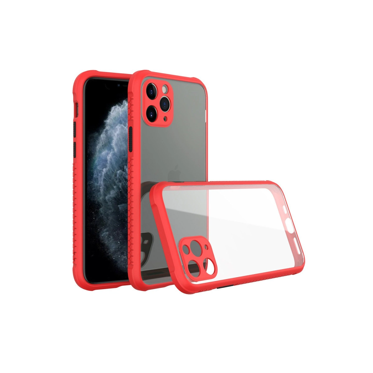 Şeffaf arka ve kamera kesimli kırmızı iPhone kılıf seti.