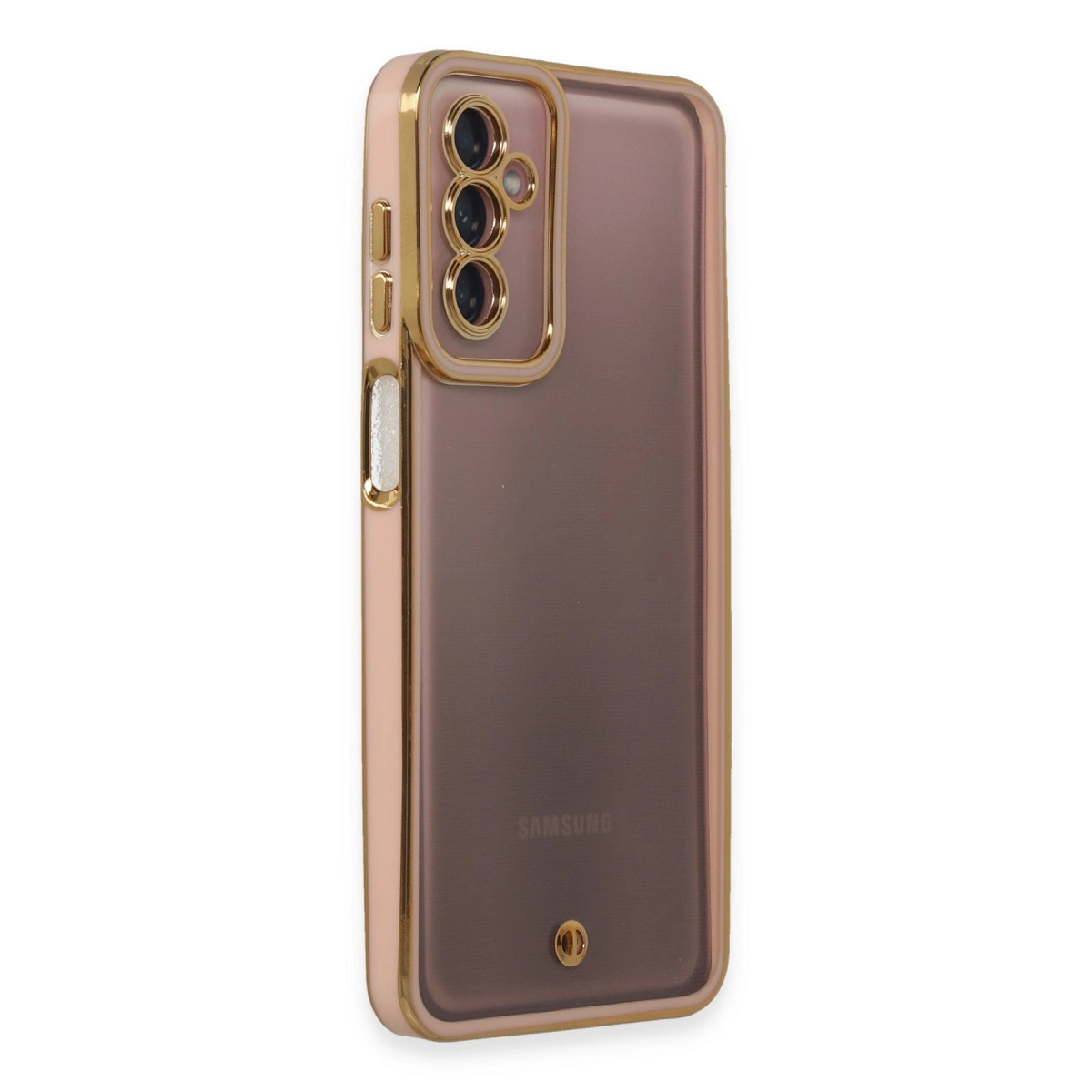 Kamera lensi ve kenarları altın çerçeveli, rose gold telefon kılıfı.