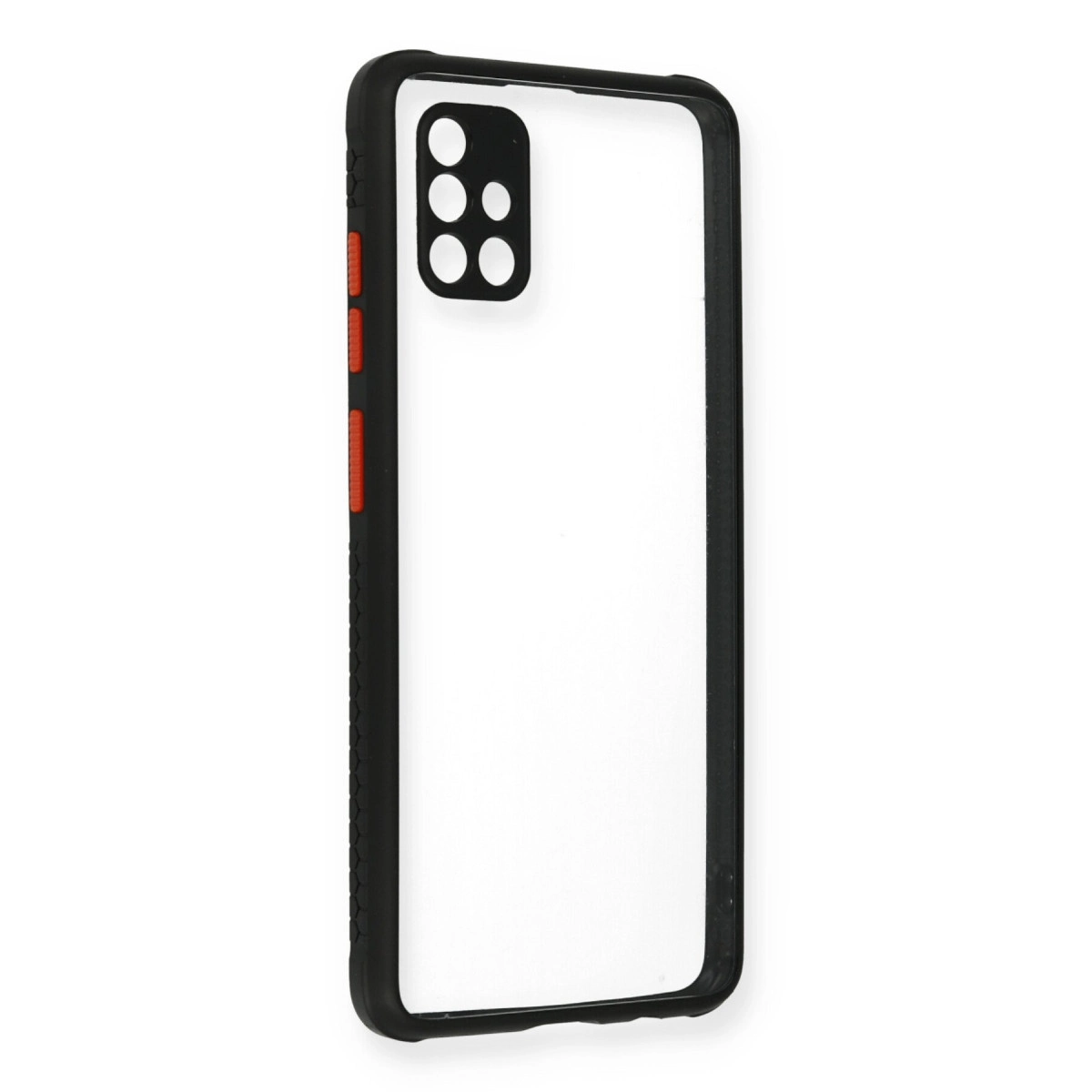 Siyah kenarlı ve kırmızı düğmeli şeffaf telefon kılıfı.