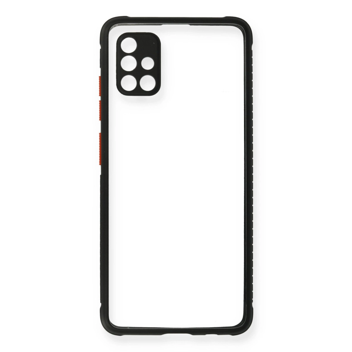 Siyah çerçeveli şeffaf telefon kılıfı ve kamera kesiği.