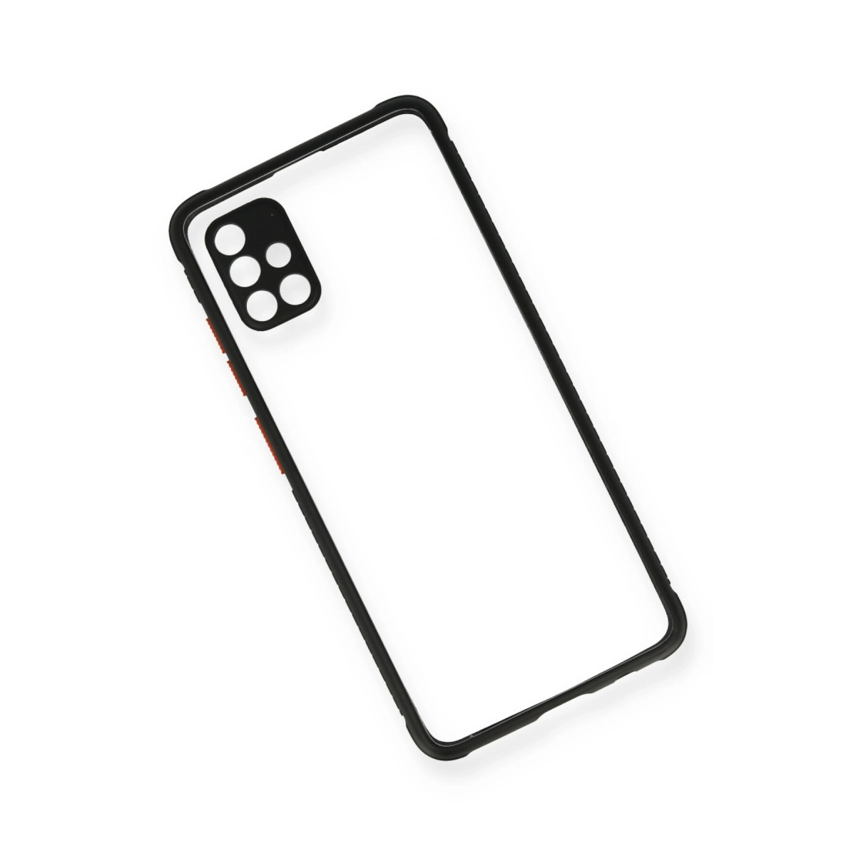 Siyah çerçeveli ve kamera oyuklu şeffaf telefon kılıfı.
