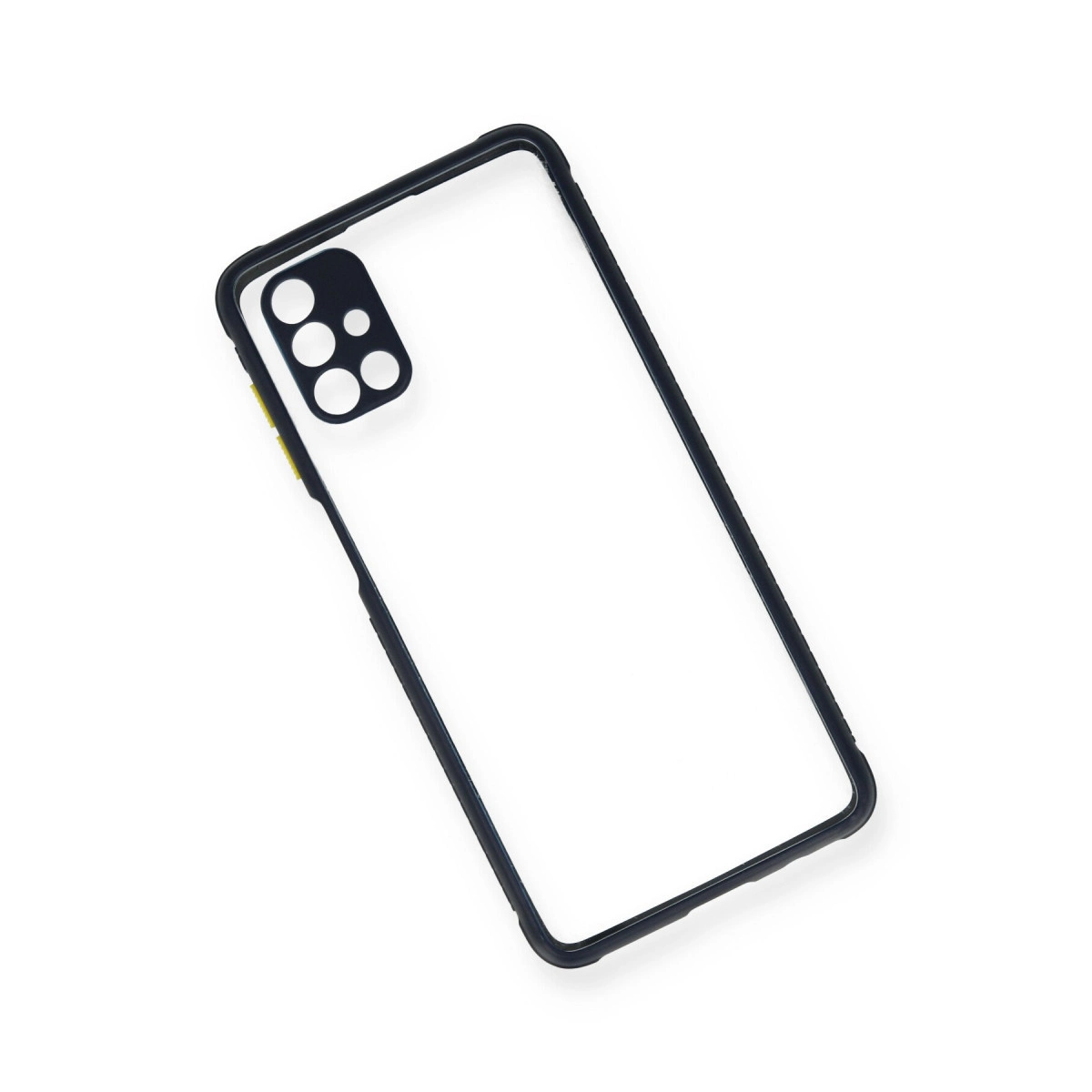 Siyah kenarlı ve kamera kesimli şeffaf telefon kılıfı.
