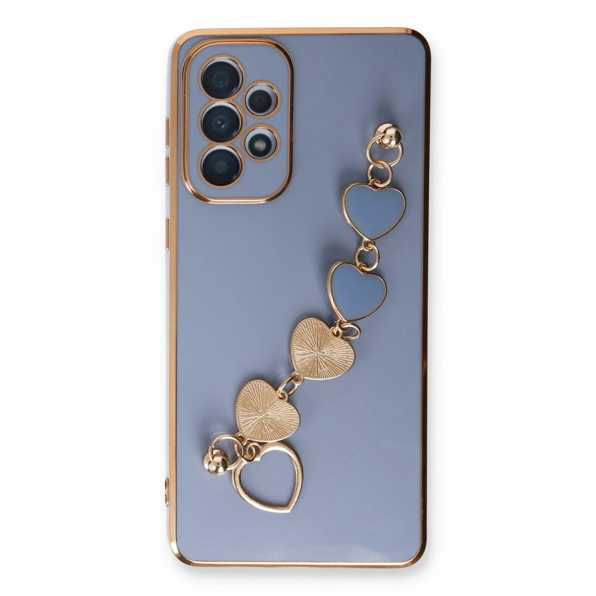 Dört kameralı gri telefon ve altın kalp charm bileklik.