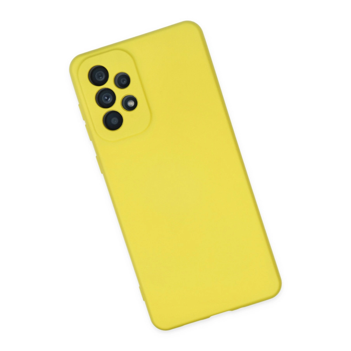 Arkada kamera modülü olan sarı telefon kılıfı.