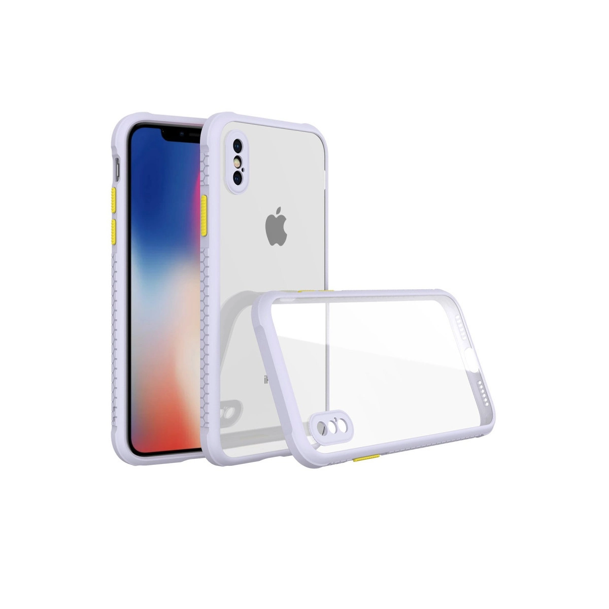 iPhone'u koruyan mor kenarlı şeffaf telefon kılıfı.